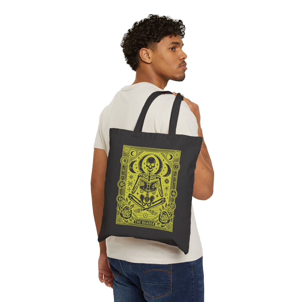 The Reader Skeleton Tarot Design in Green Cotton Canvas Tote