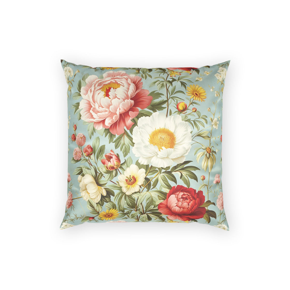 Velvet Floral Throw Pillow - Peonies and Daisies on Mint Vintage Decorative Pillow