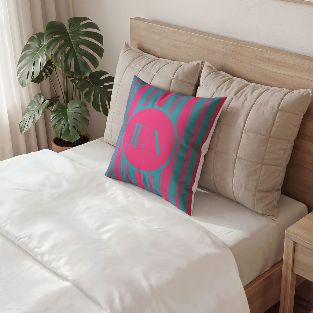 Monogram Velvet Throw Pillow - Bright Pink and Blue Ticking Stripe Decorative Pillow