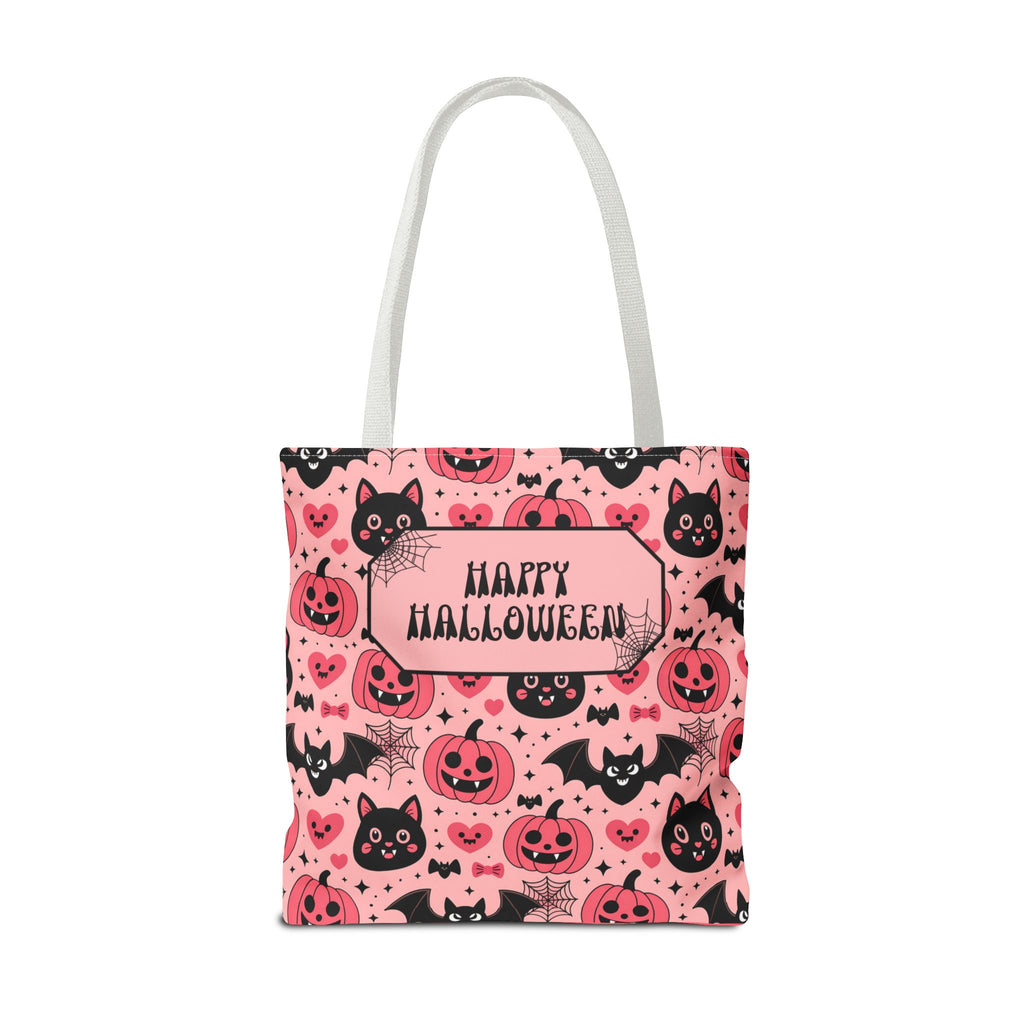 Pink Halloween Trick or Treat Bag  -Personalizable Carryall with Cute Cats, Bats and Jack-O'-Lanterns
