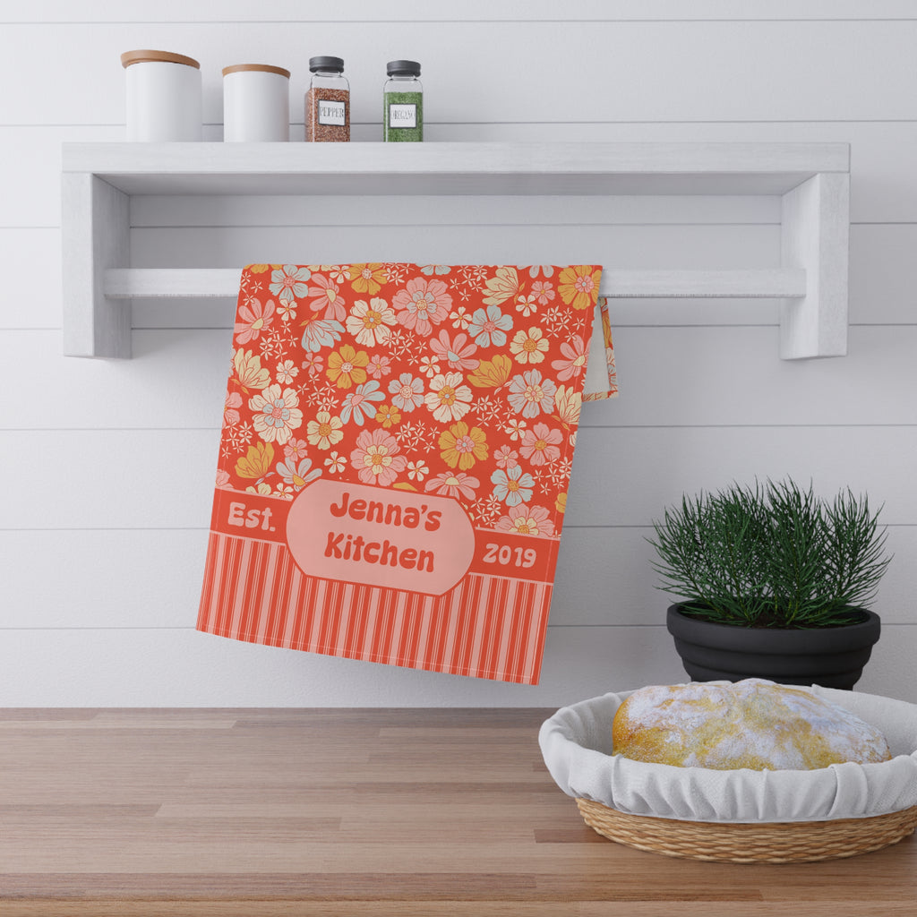 Personalizable Retro Kitchen Towel  - Orange and Pink Floral Stripe
