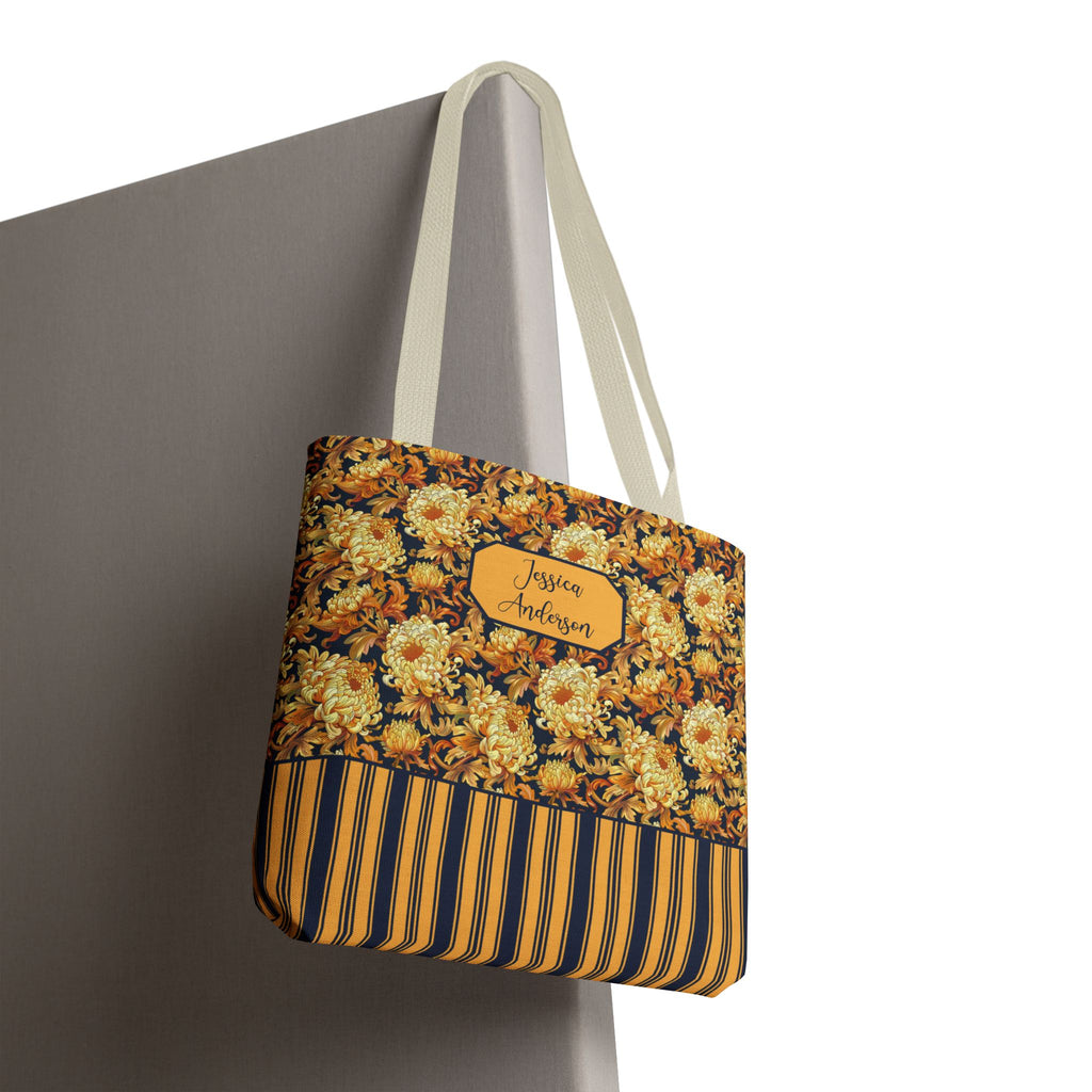Personalizable Floral Harvest Tote Bag — Vintage Chrysanthemum Striped Tote