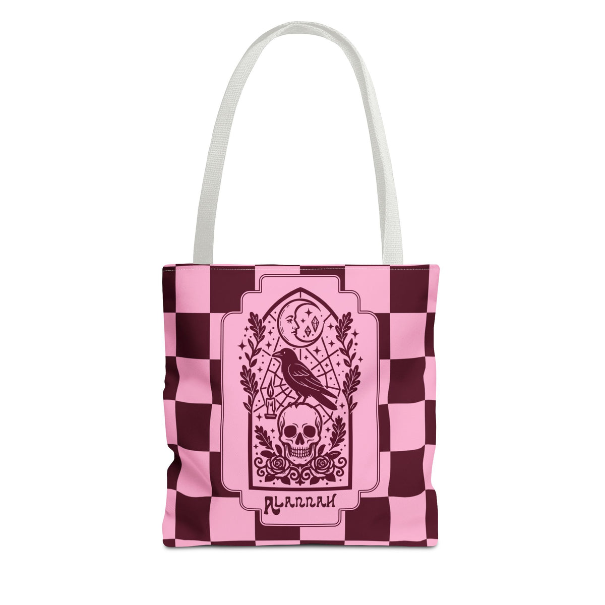 Gothic Raven and Skull Checkerboard Tote Bag - Personalizable Pink Retro Goth Carryall