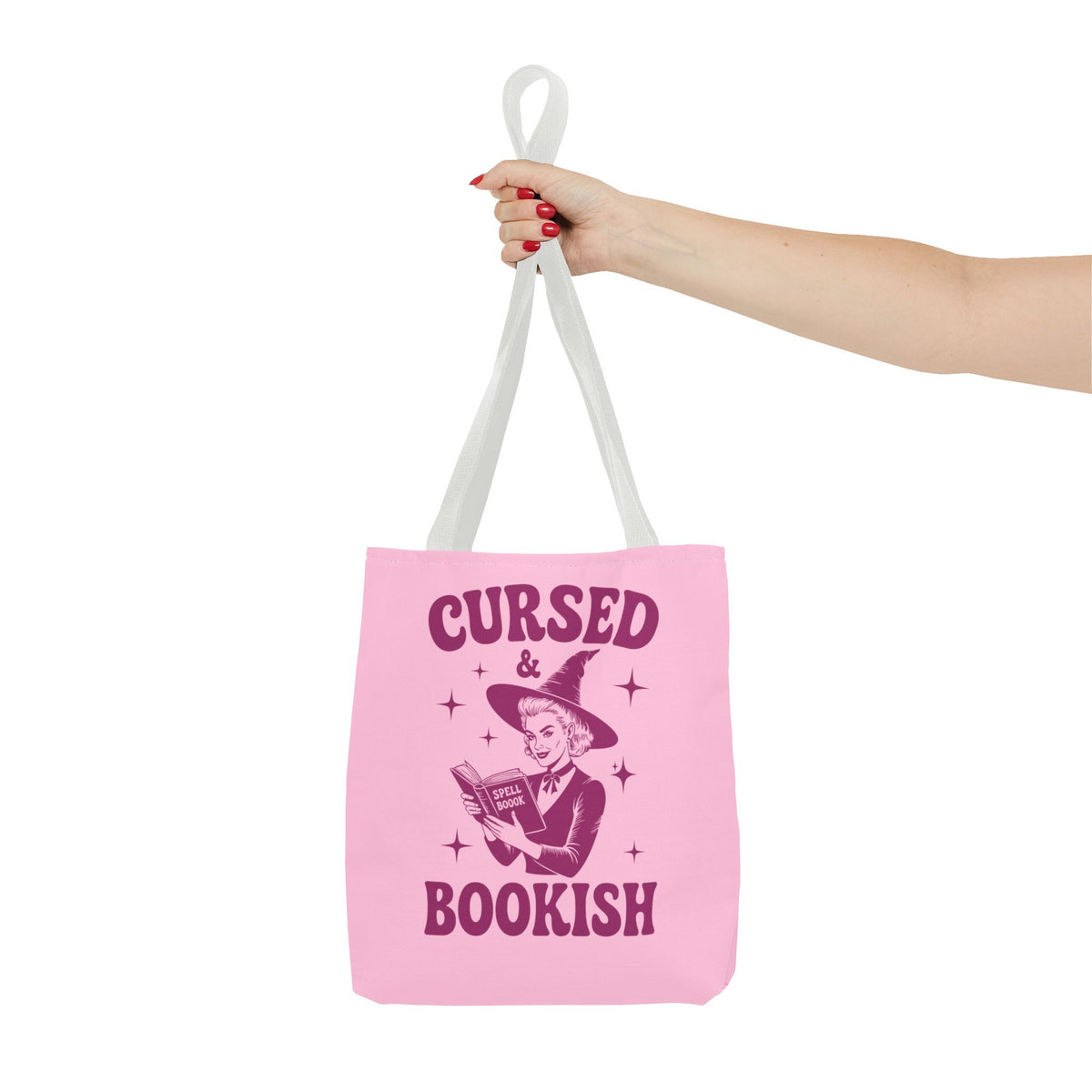 Cursed and Bookish Tote Bag — Witchy Pink Vintage Book Lover Shopper