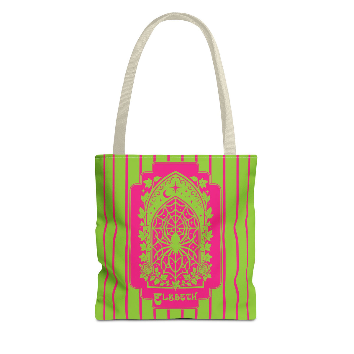 Personalized Green and Pink Retro Goth Tote with Mystic Spider Stained Glass Design