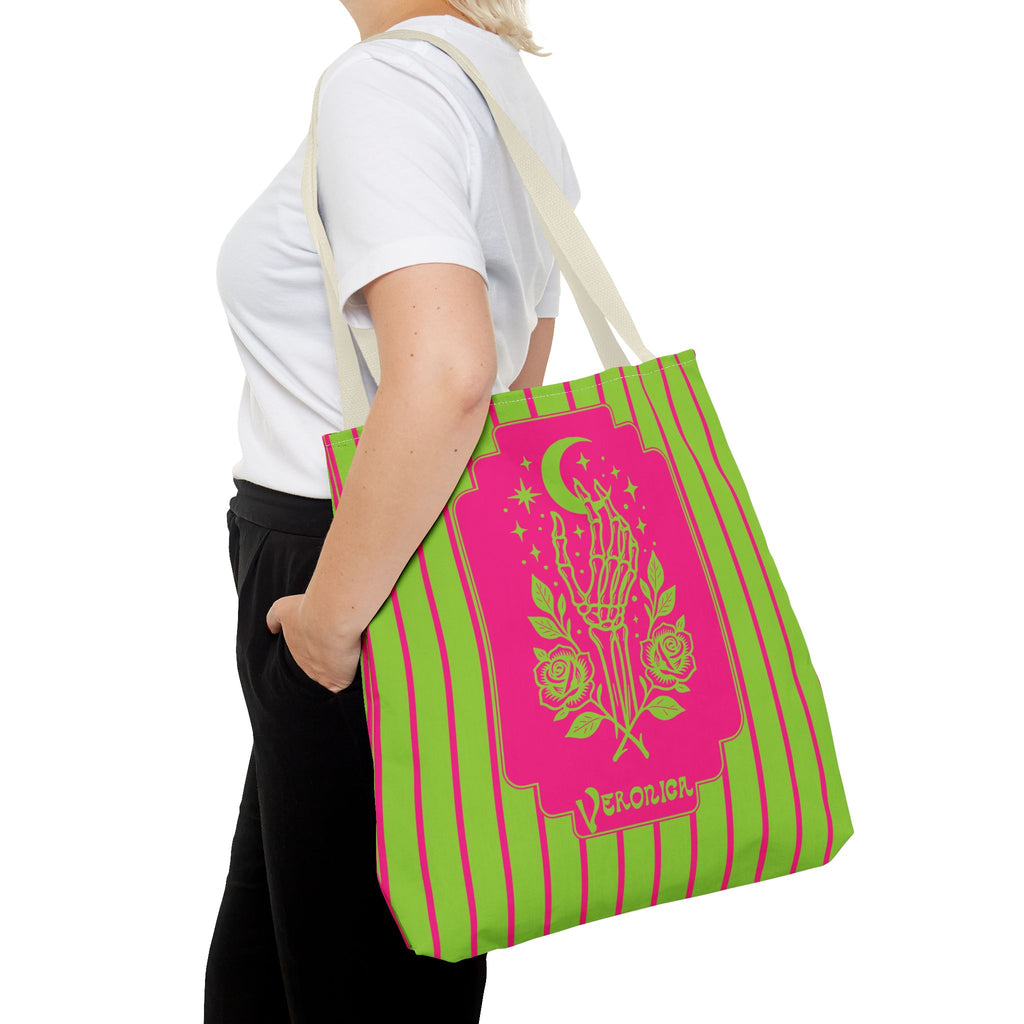 Mystic Skeletal Hand Tote Bag -Personalizable Retro Gothic Neon Moon and Roses Carryall