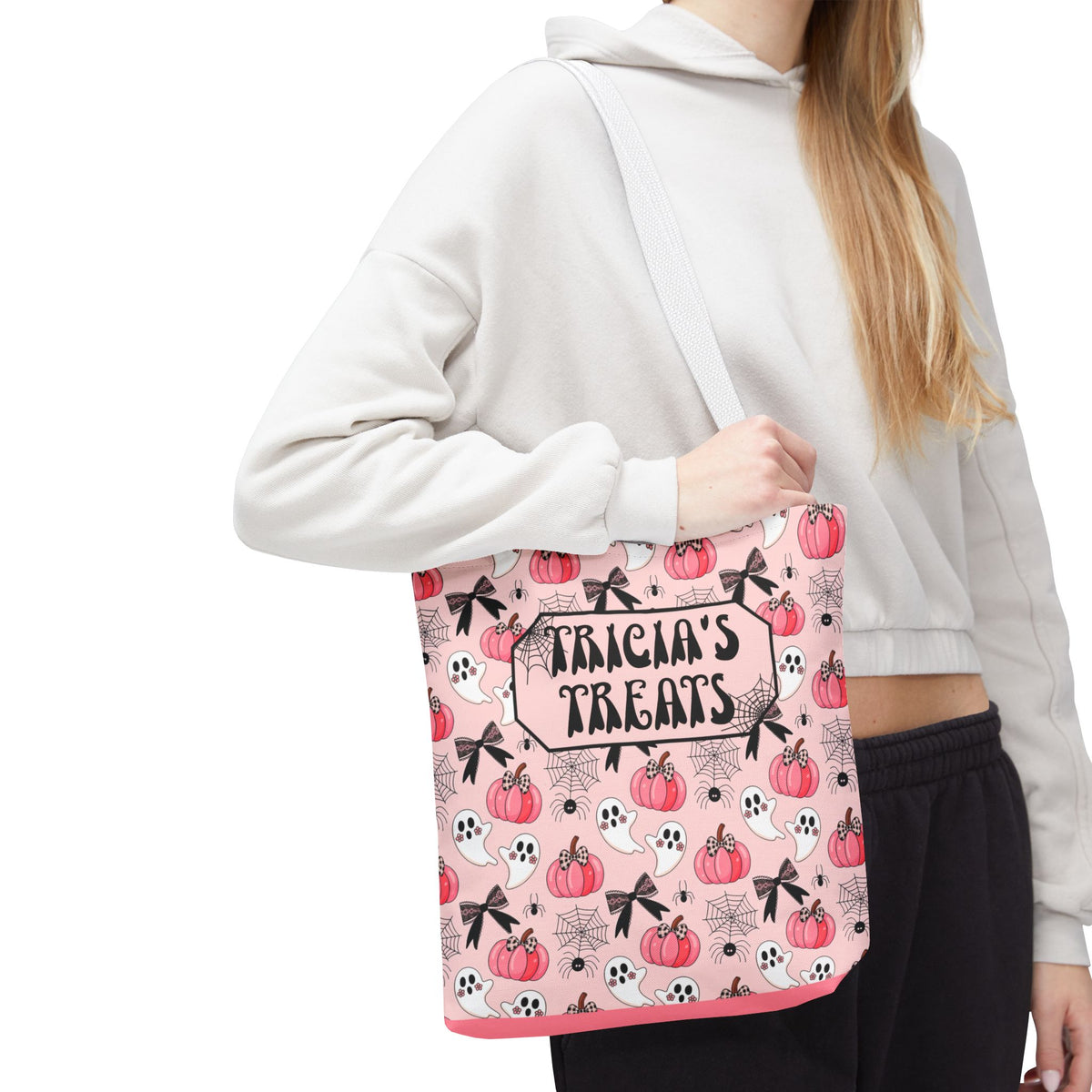 Pink Pumpkin Halloween Tote Bag - Cute Ghosts and Bows Personalizable Trick or Treat Bag