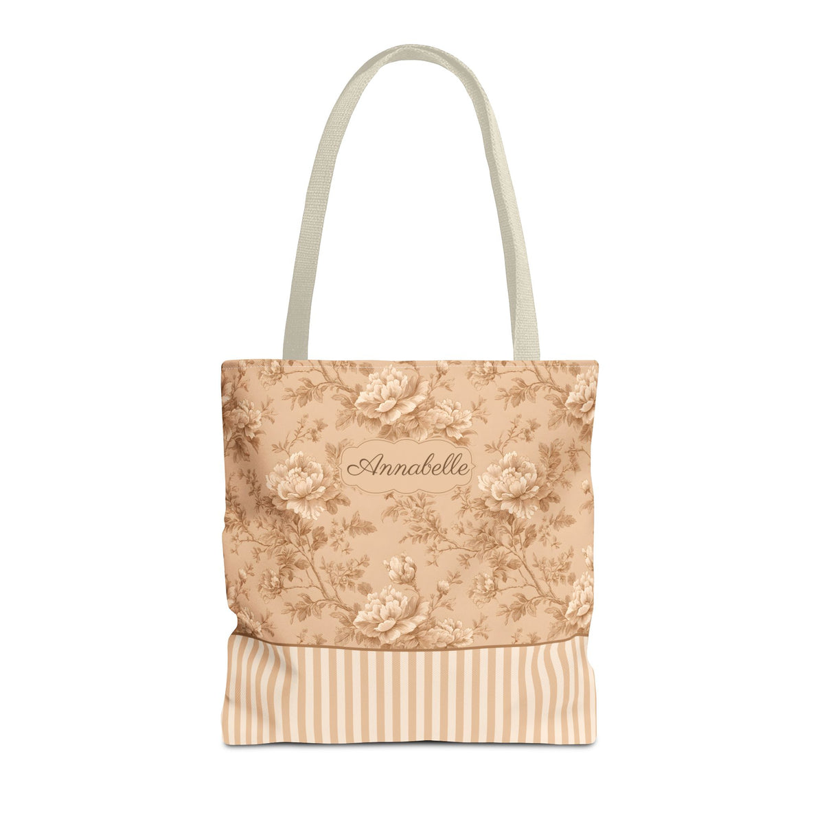 Personalizable Vintage Floral Tote - Sepia Toile Striped Bag