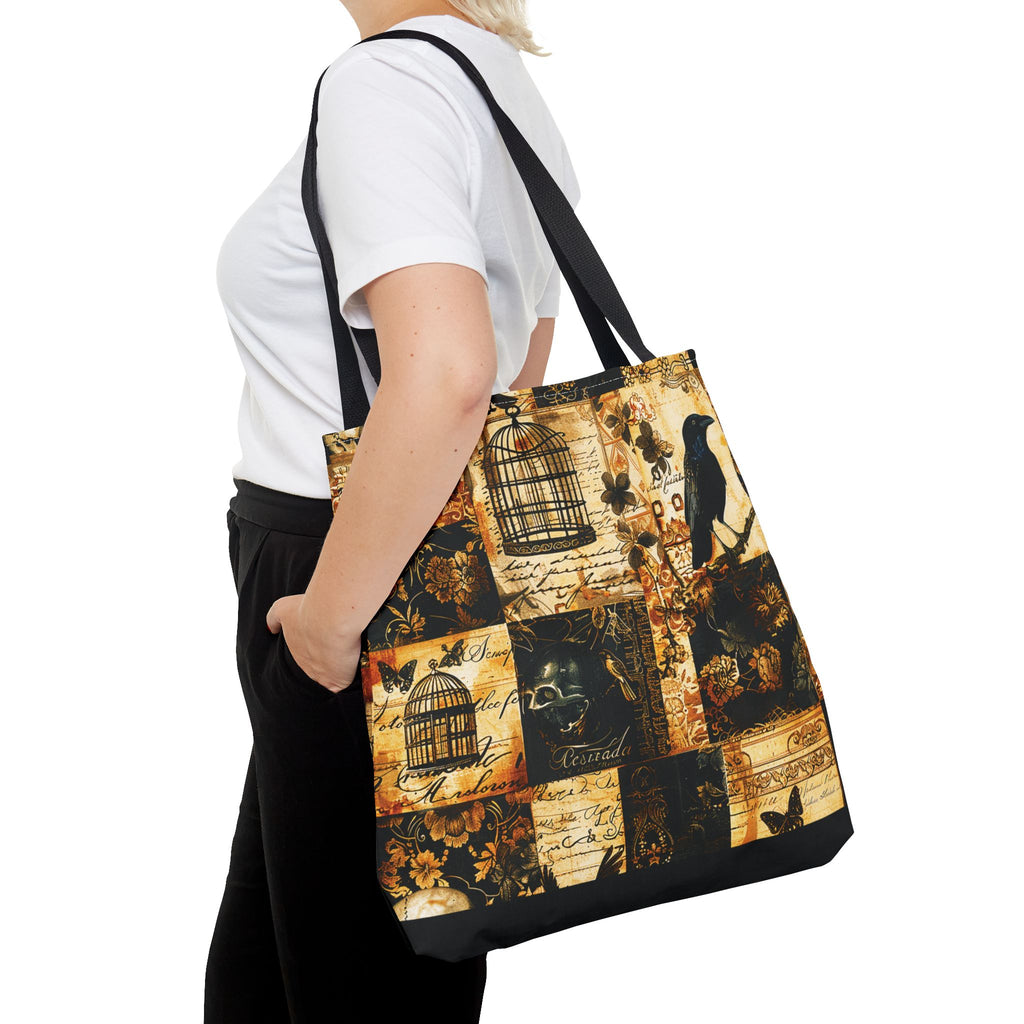 Gothic Raven Patchwork Tote Bag – Vintage Sepia and Black Collage Print