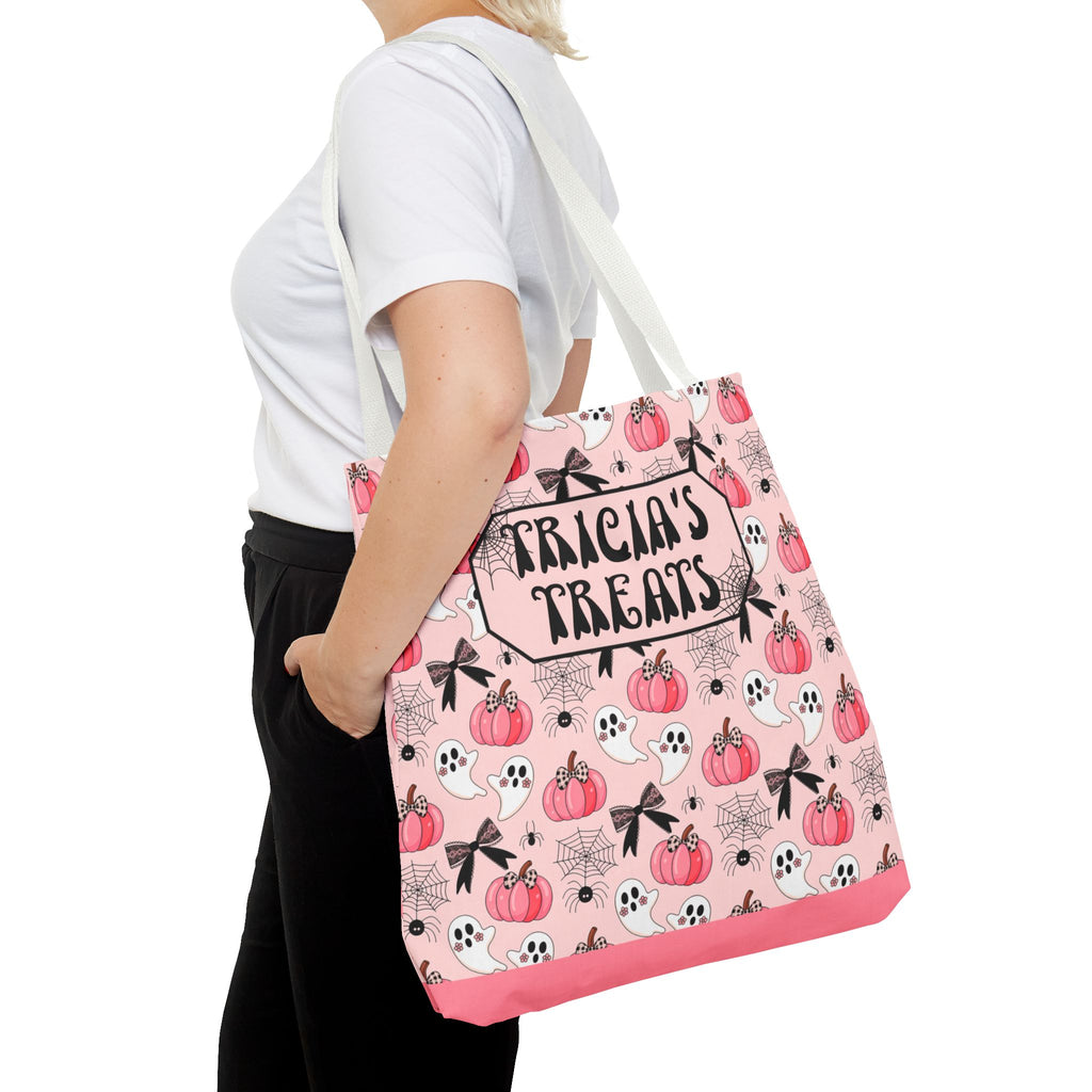 Pink Pumpkin Halloween Tote Bag - Cute Ghosts and Bows Personalizable Trick or Treat Bag