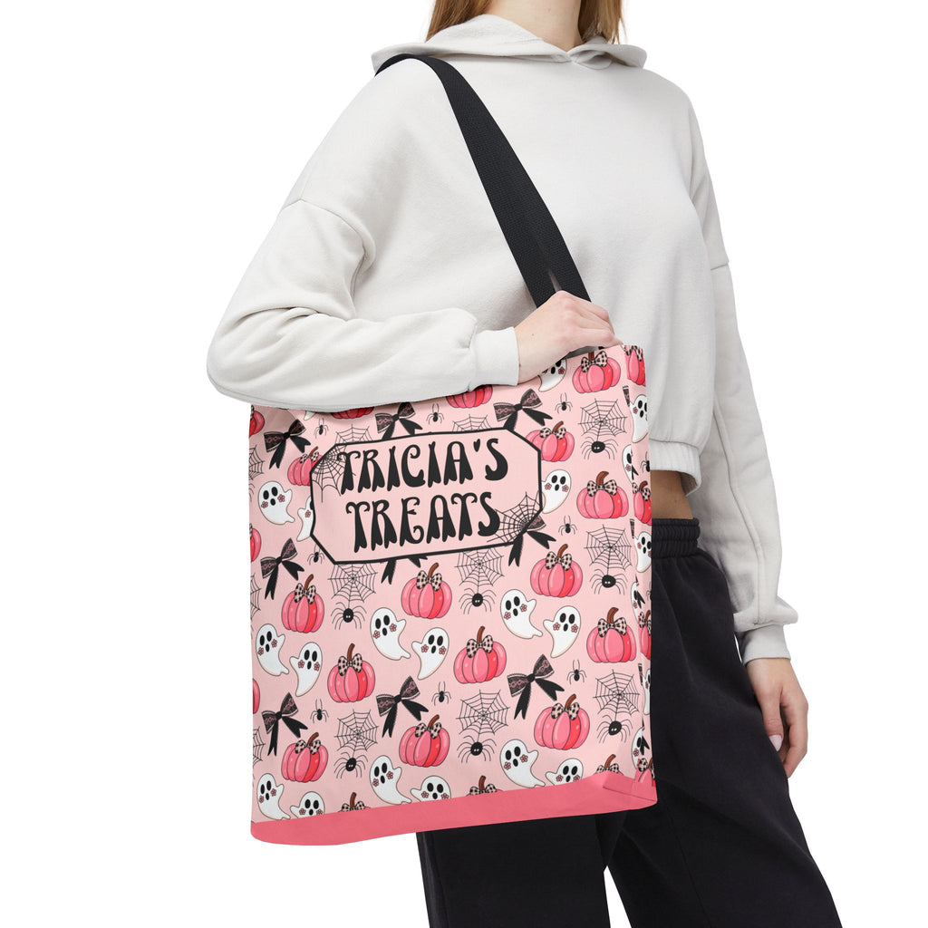 Pink Pumpkin Halloween Tote Bag - Cute Ghosts and Bows Personalizable Trick or Treat Bag