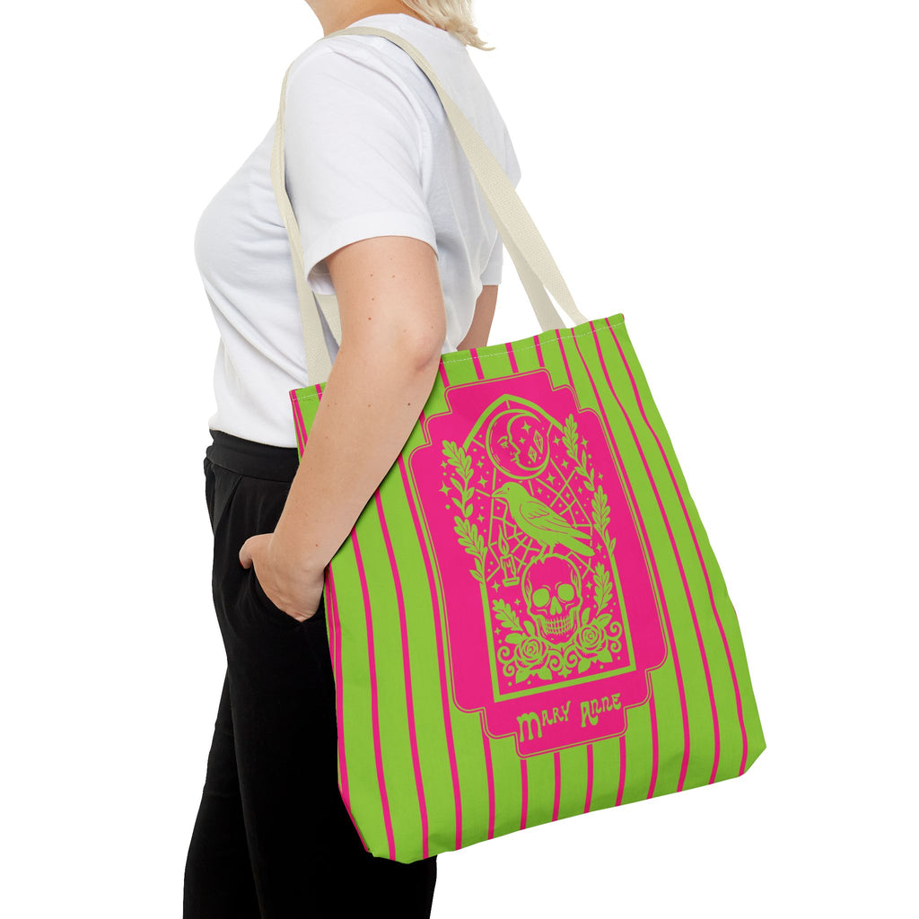 Neon Gothic Raven and Skull Tote Bag - Personalizable Pink and Green Retro Goth Carryall