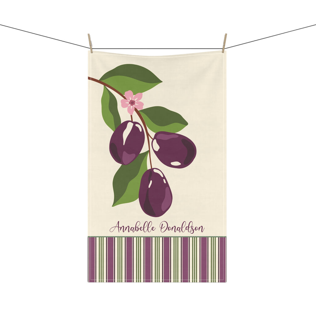 Personalizable Plum Tea Towel - Watercolor Illustration Striped Kitchen Towel