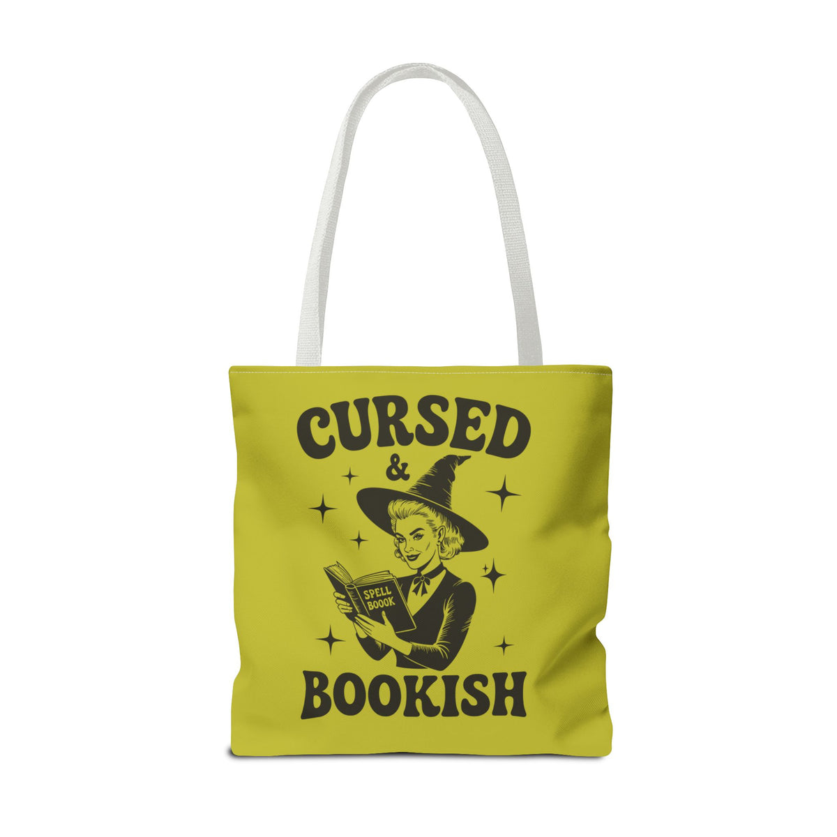 Cursed and Bookish Tote Bag — Green Witchy Reader Tote for Book Lovers