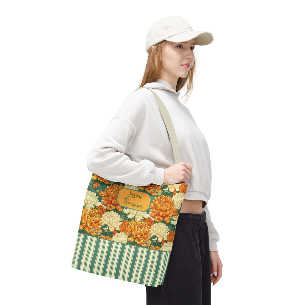 Personalizable Vintage Floral Stripe Tote Bag – Cream and Orange Chrysanthemums Tote