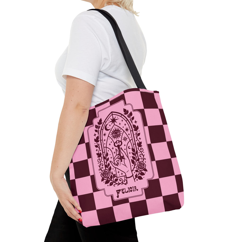 Personalizable Mystic Hand with Key Checkerboard Tote Bag – Pink and Burgundy Retro Goth Carryall