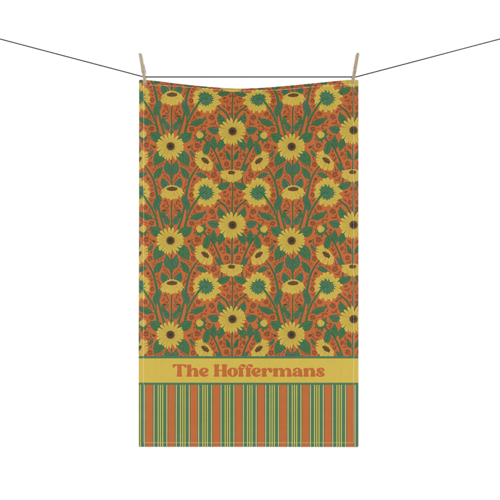 Personalized Tea Towel - Autumn Sunflower Stripe Kitchen Towel