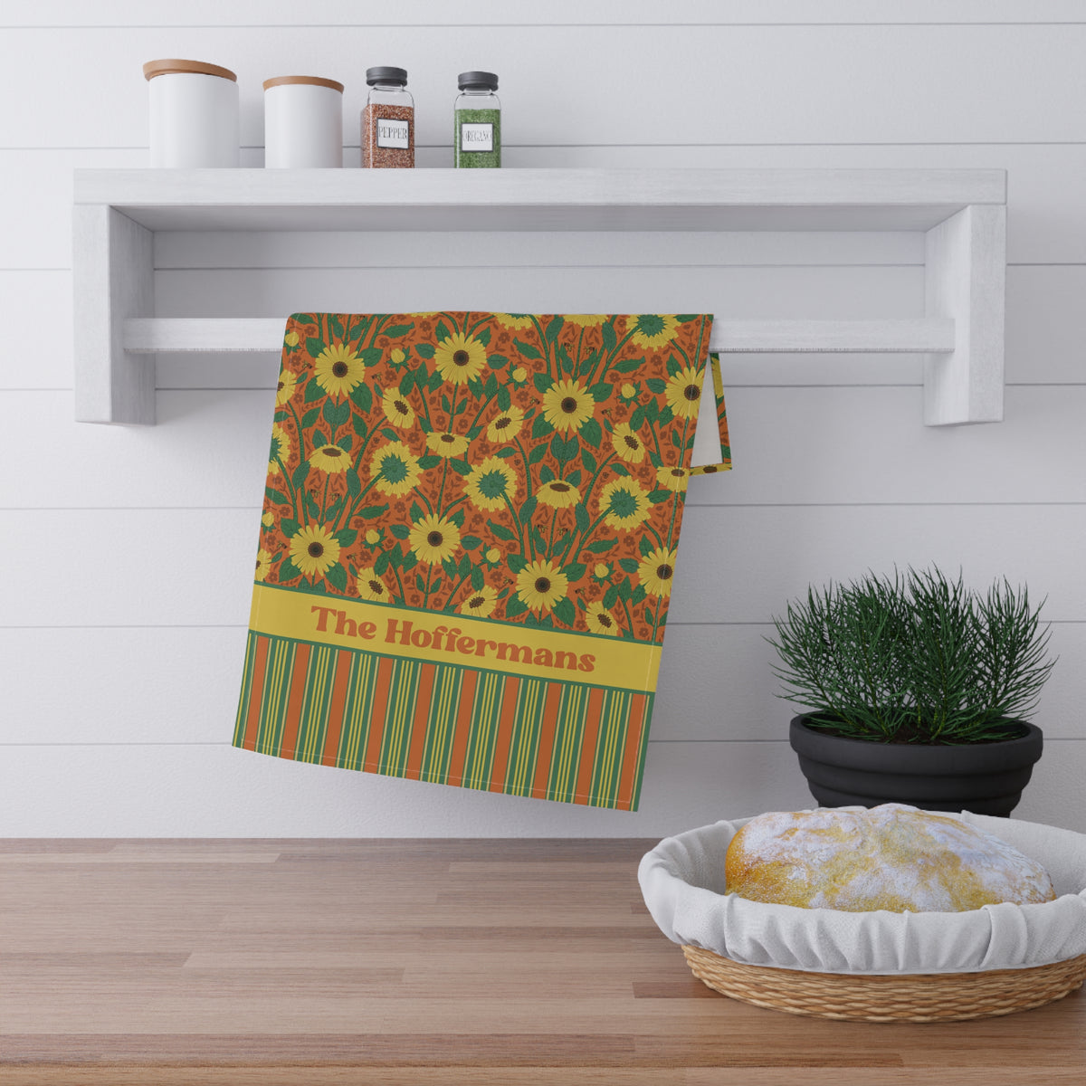 Personalized Tea Towel - Autumn Sunflower Stripe Kitchen Towel