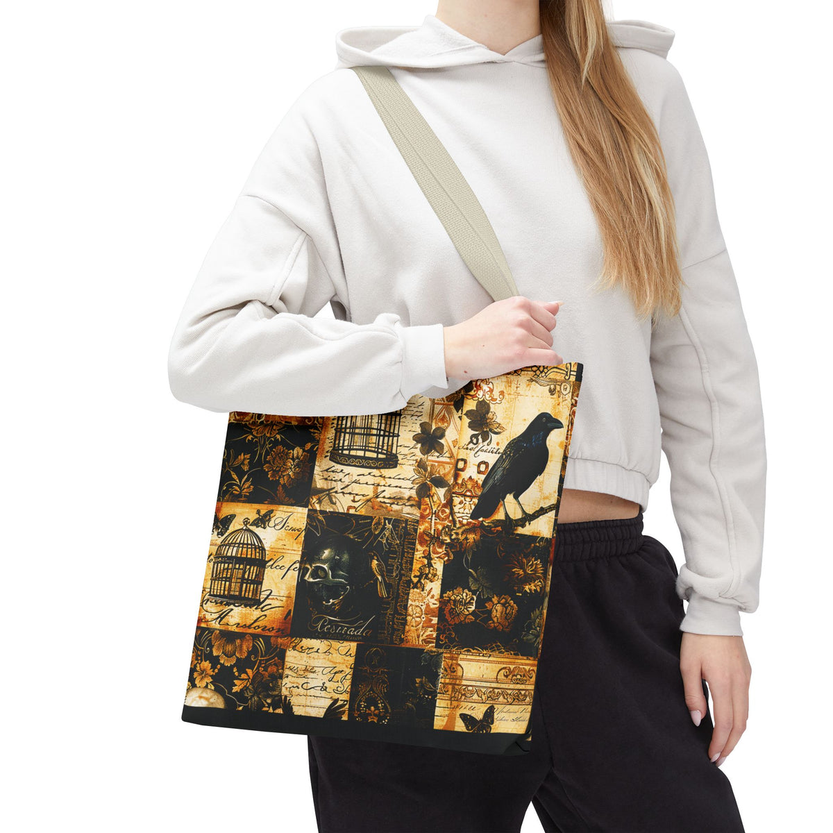 Gothic Raven Patchwork Tote Bag – Vintage Sepia and Black Collage Print