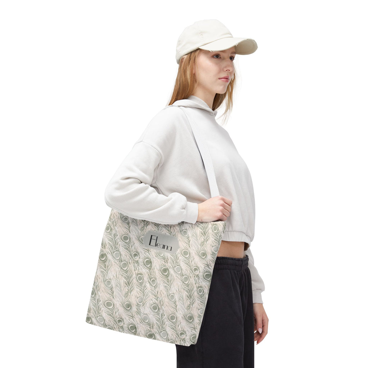 Personalizable Tote - Elegant Grey Peacock Feather Pattern Bag