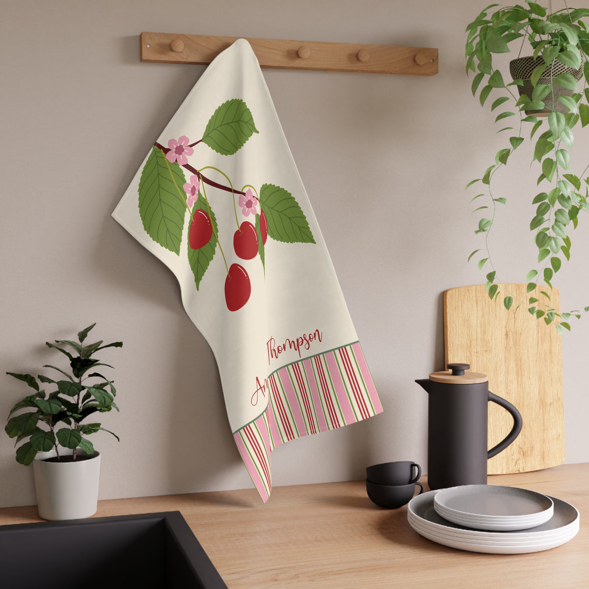Cherry Branch Personalized Tea Towel — Custom Name Kitchen Linen