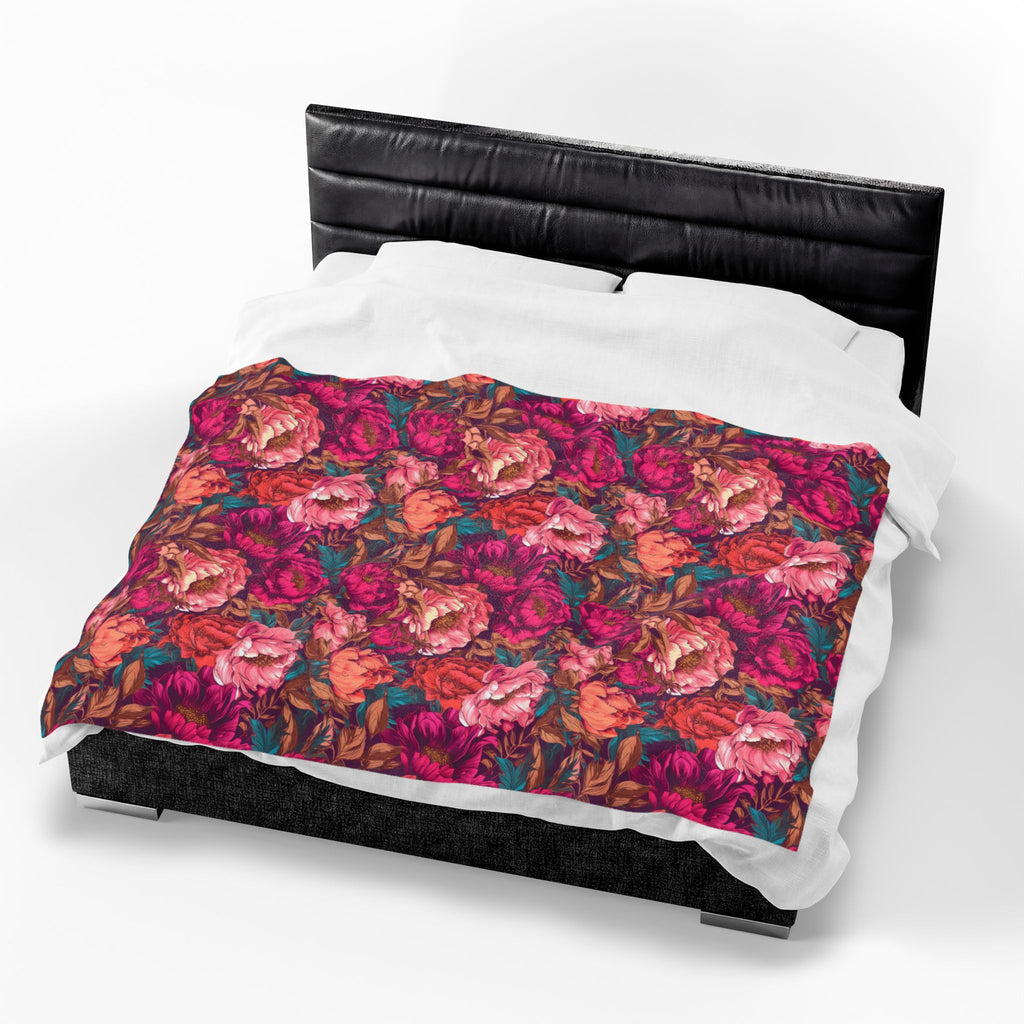 Vivid Magenta Peony Maximalist Velveteen Floral Plush Blanket