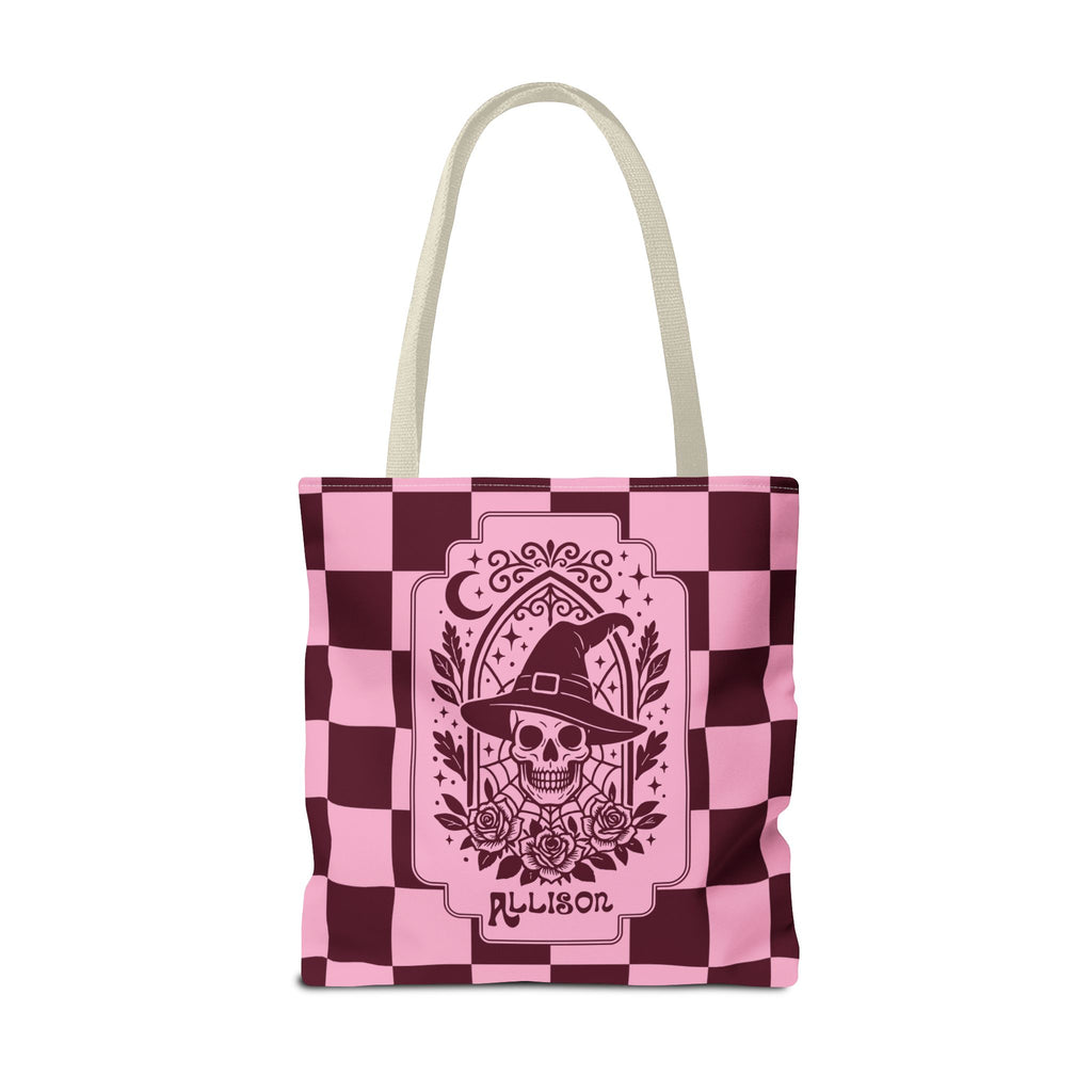 Pink Spooky Checkerboard Carryall - Gothic Witch Skull Personalizable Tote