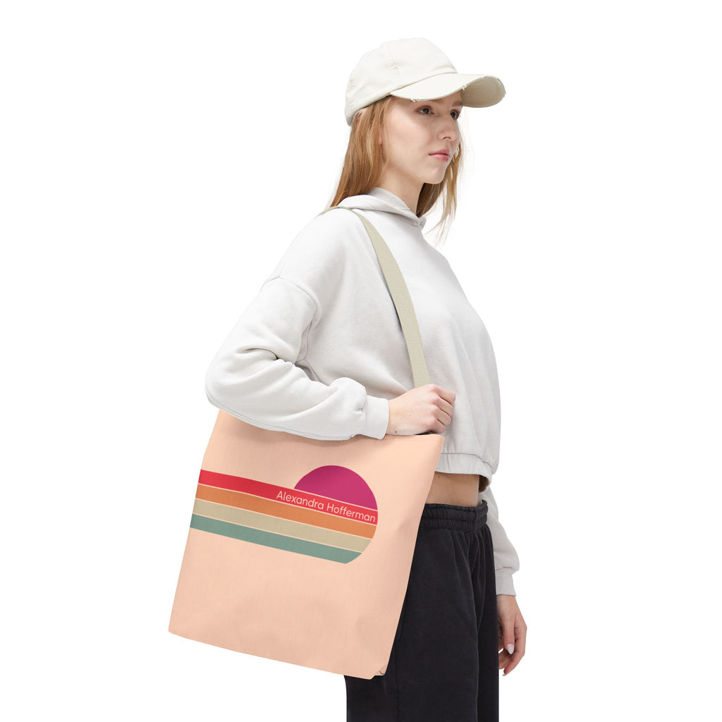Personalizable Retro Sunset Tote Bag — Pastel Stripes Beach Vibe Carryall