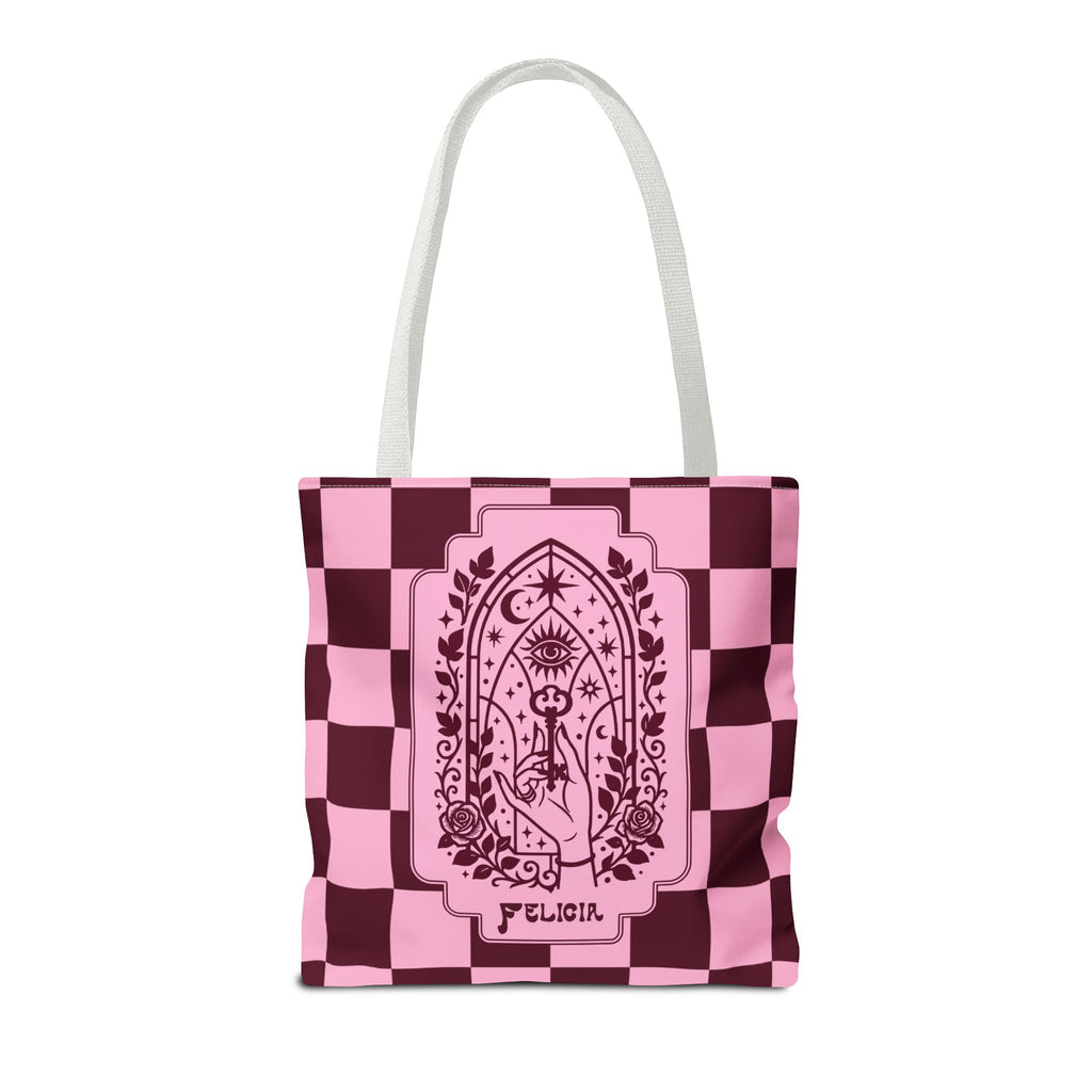 Personalizable Mystic Hand with Key Checkerboard Tote Bag – Pink and Burgundy Retro Goth Carryall