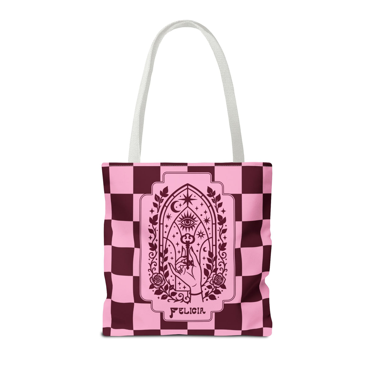 Personalizable Mystic Hand with Key Checkerboard Tote Bag – Pink and Burgundy Retro Goth Carryall