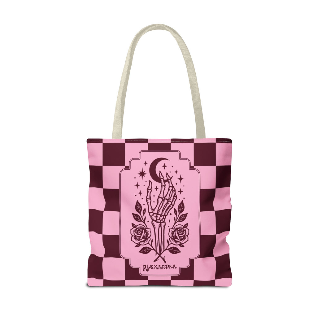 Personalizable Pink Checker Skeletal Hand Tote Bag — Gothic Moon and Roses Carryall