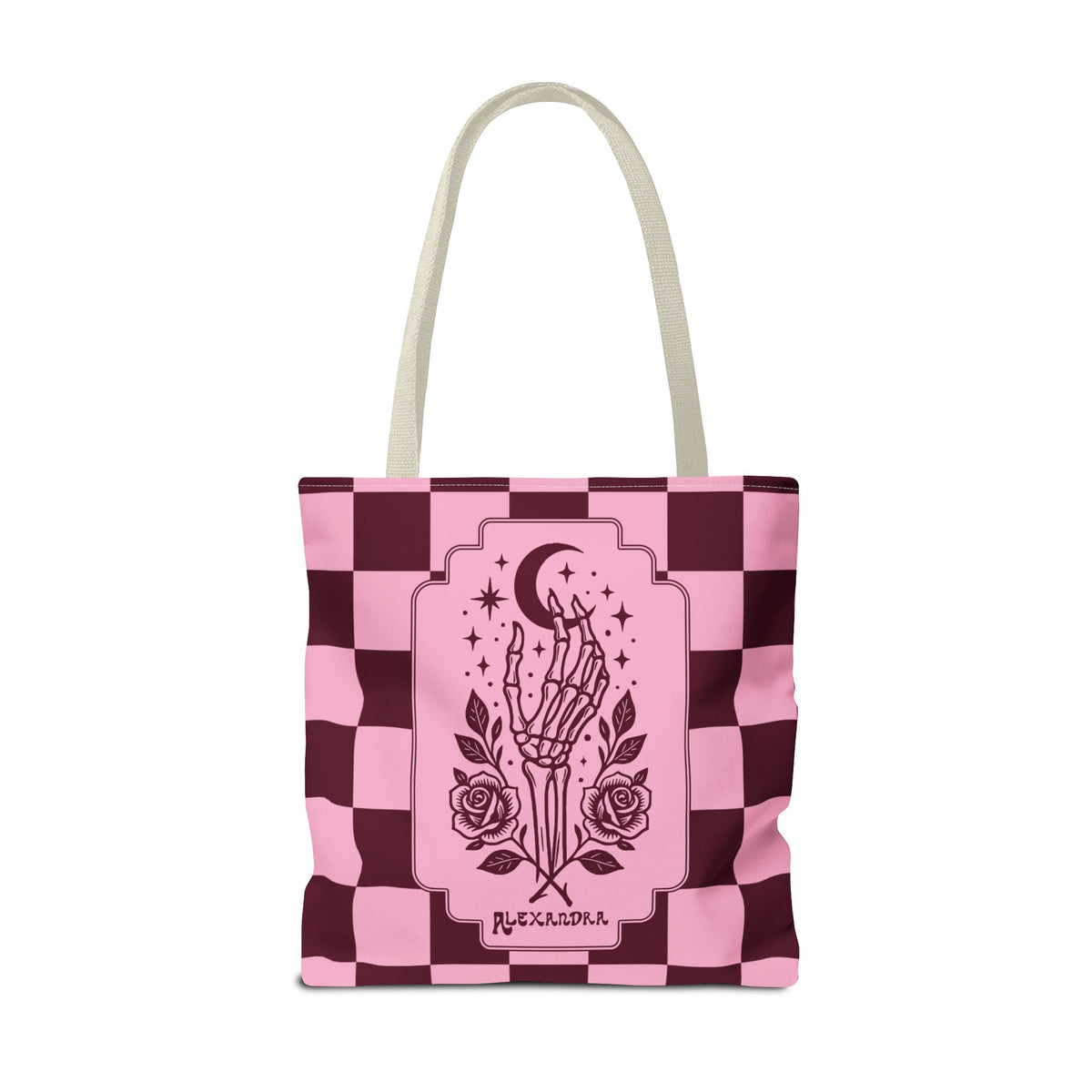 Personalizable Pink Checker Skeletal Hand Tote Bag — Gothic Moon and Roses Carryall