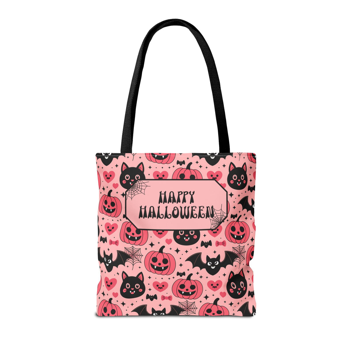 Pink Halloween Trick or Treat Bag  -Personalizable Carryall with Cute Cats, Bats and Jack-O'-Lanterns