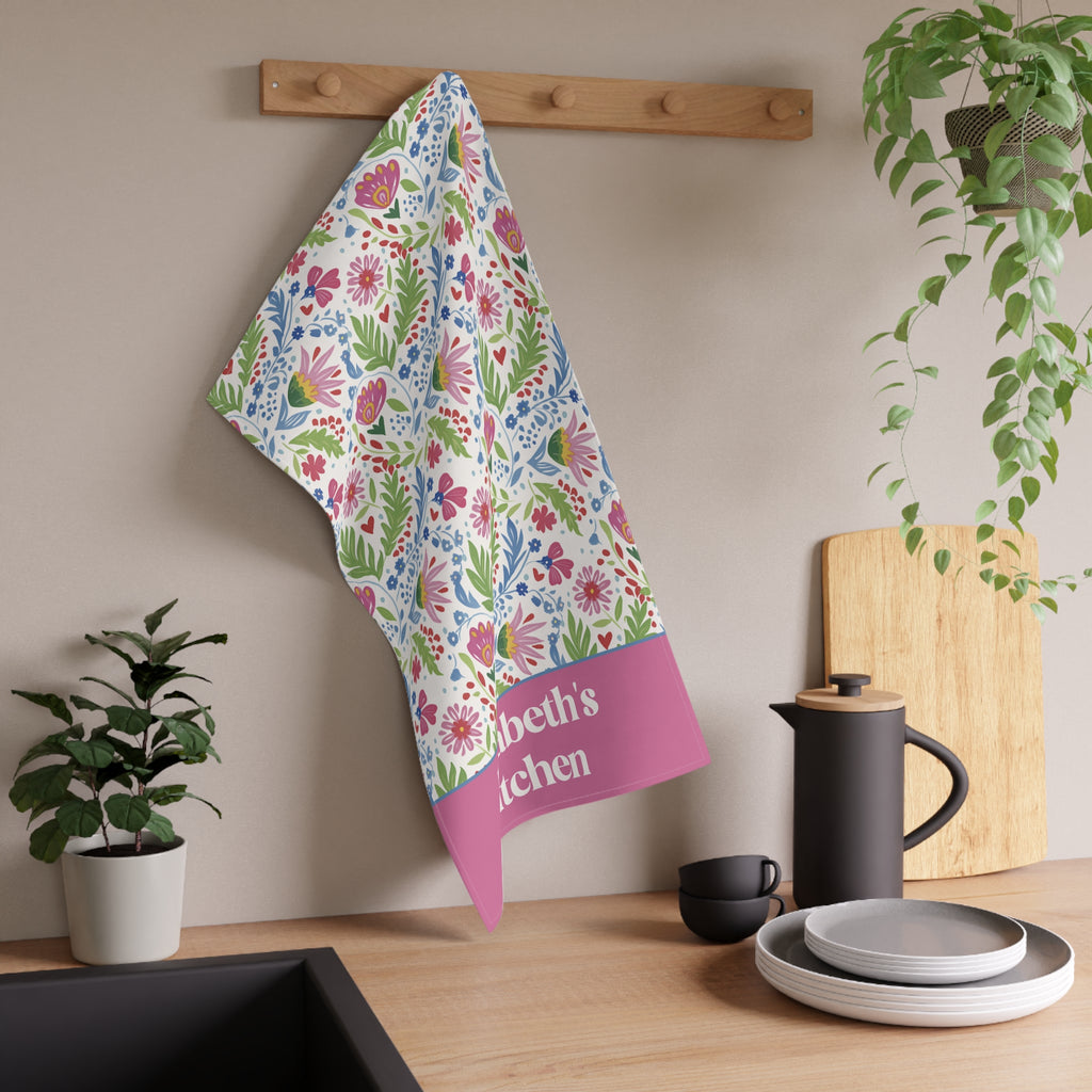 Personalizable Folk Art Tea Towel - Bright Floral Pattern Kitchen Towel