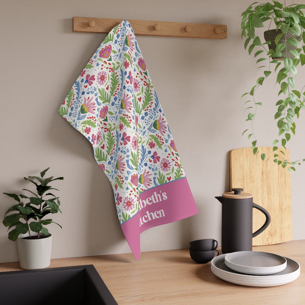 Personalizable Folk Art Tea Towel - Bright Floral Pattern Kitchen Towel