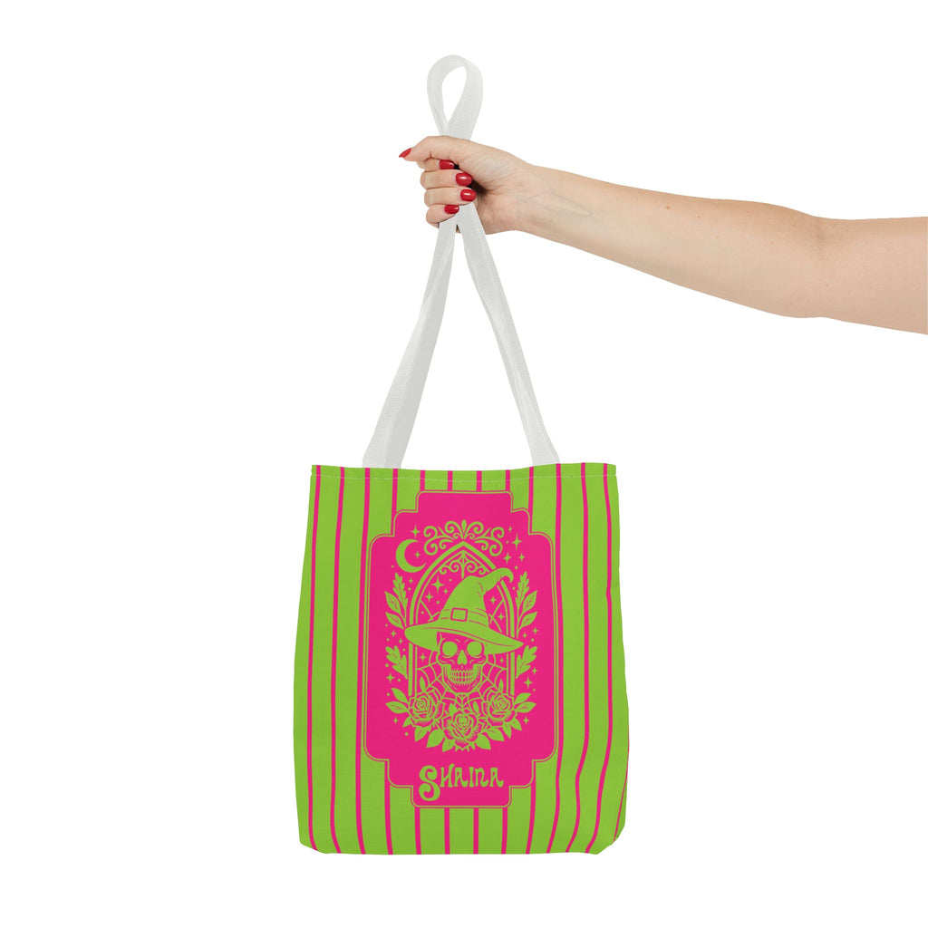 Retro Goth Skull Witch Tote Bag — Neon Pink and Lime Striped Tote