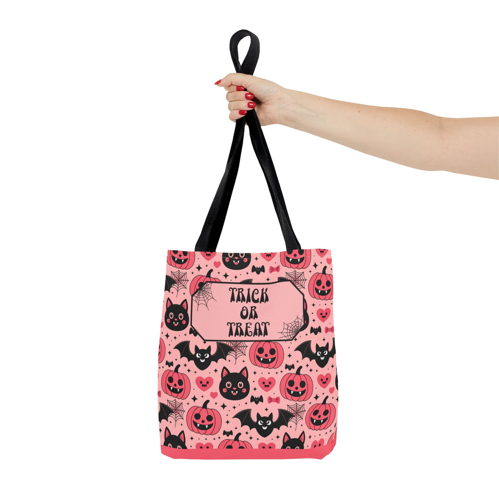 Pink Halloween Trick or Treat Bag  -Personalizable Carryall with Cute Cats, Bats and Jack-O'-Lanterns