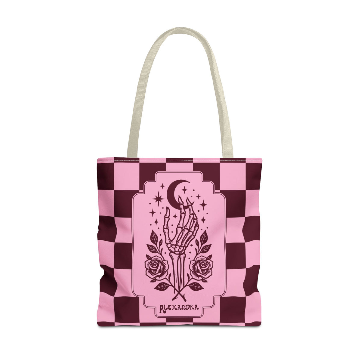 Personalizable Pink Checker Skeletal Hand Tote Bag — Gothic Moon and Roses Carryall