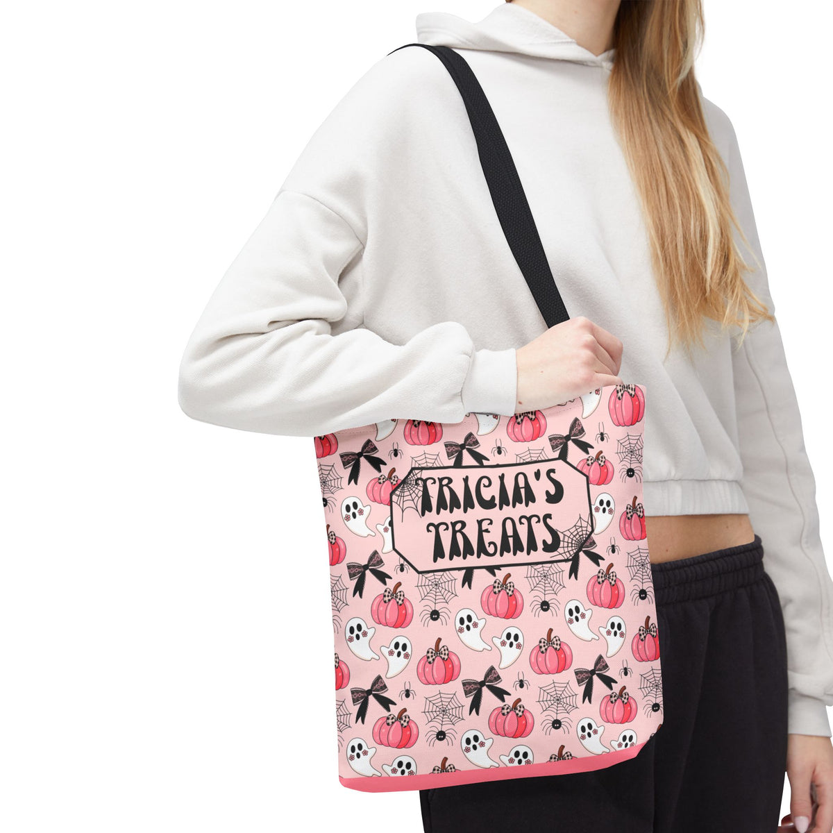 Pink Pumpkin Halloween Tote Bag - Cute Ghosts and Bows Personalizable Trick or Treat Bag