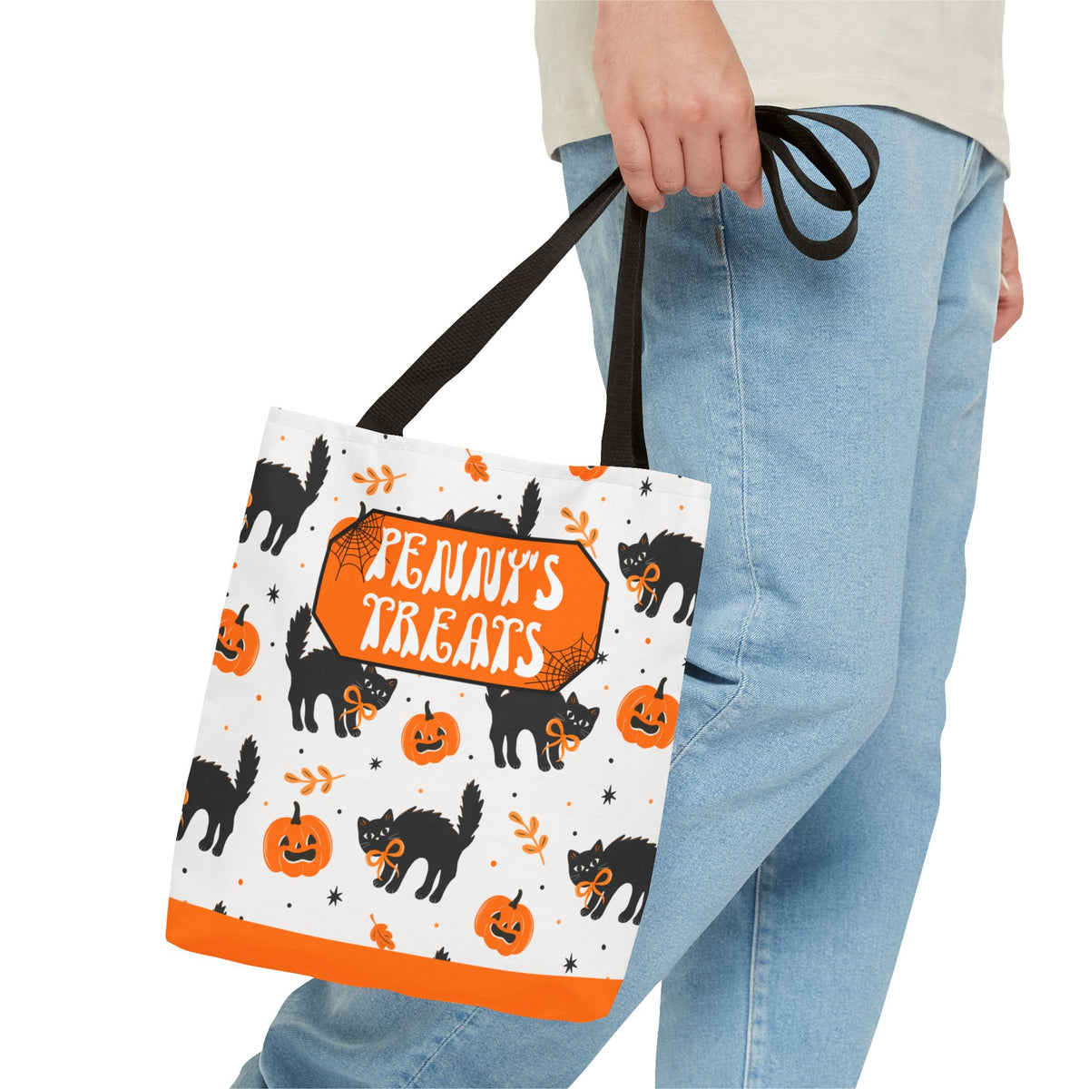 Cute Black Cats and Pumpkins Carryall -Personalized Halloween Trick or Treat Tote Bag