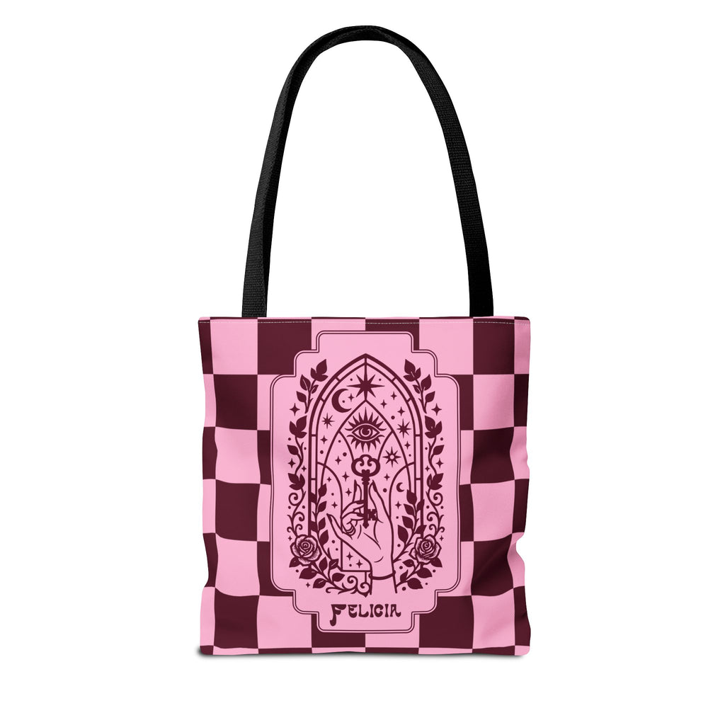 Personalizable Mystic Hand with Key Checkerboard Tote Bag – Pink and Burgundy Retro Goth Carryall