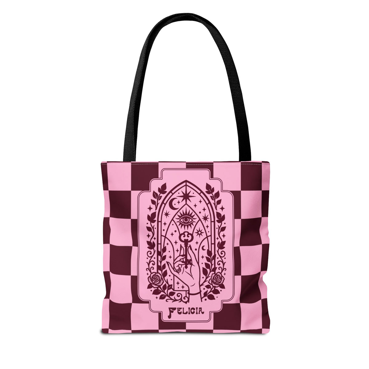 Personalizable Mystic Hand with Key Checkerboard Tote Bag – Pink and Burgundy Retro Goth Carryall