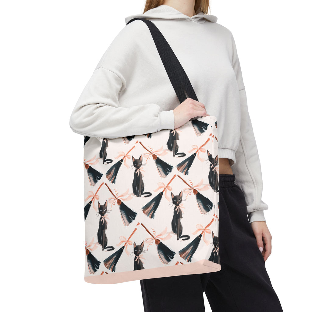 Witchy Black Cat and Broom Tote Bag