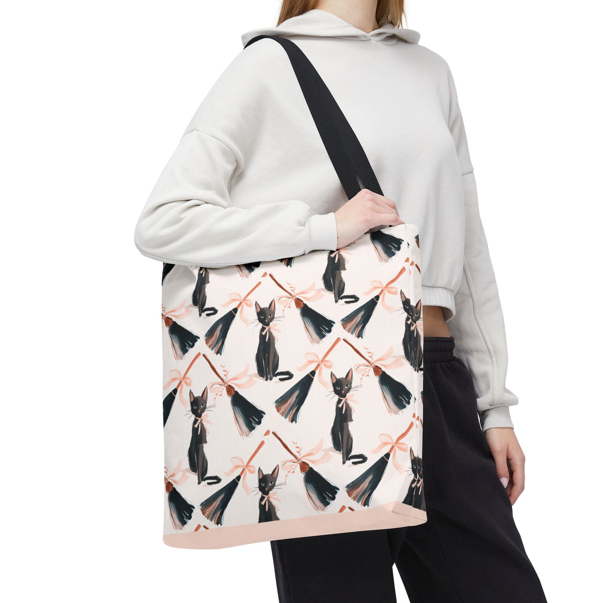 Witchy Black Cat and Broom Tote Bag