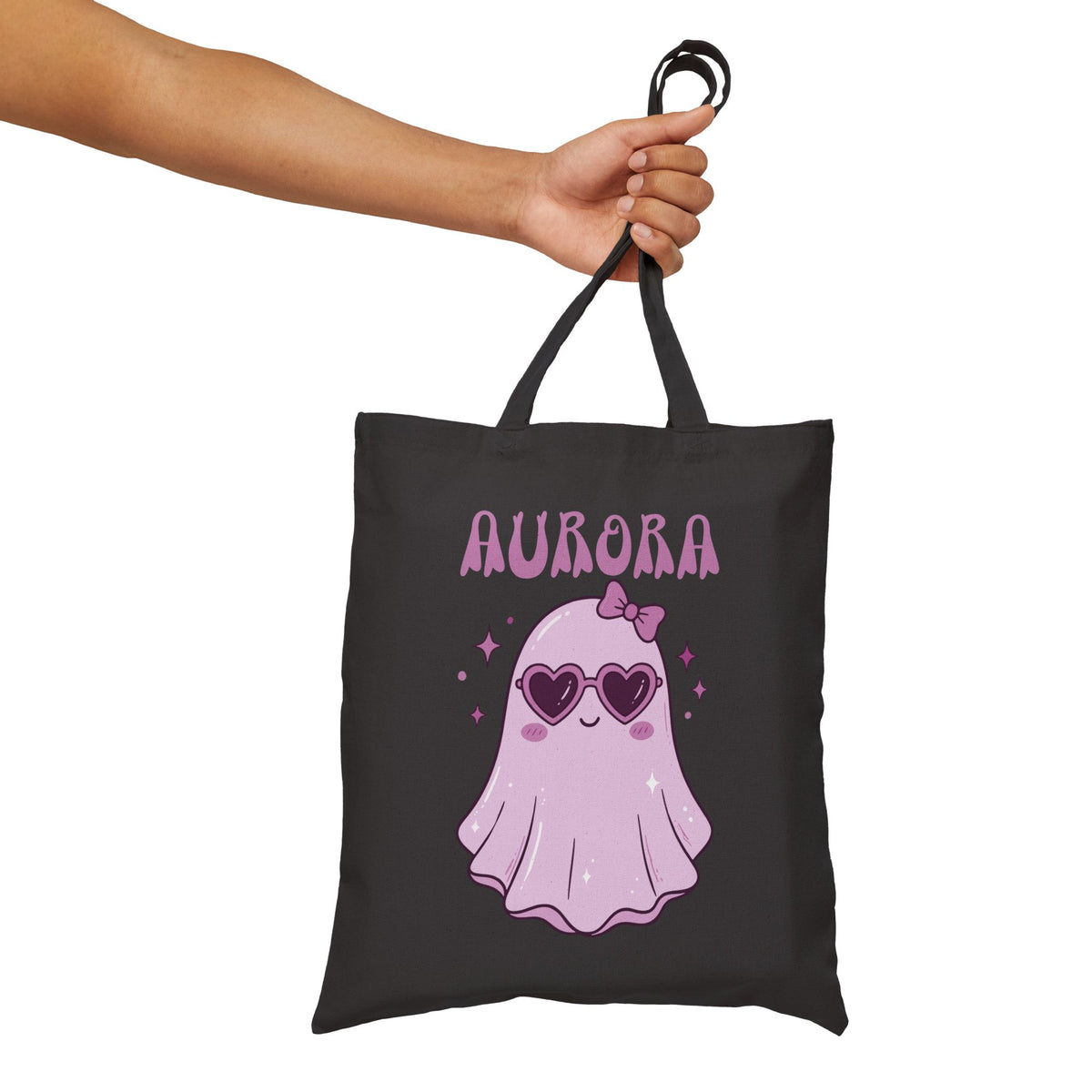 Purple Cute Ghost Trick-or-Treat Tote Bag — Personalizable Halloween Canvas Tote