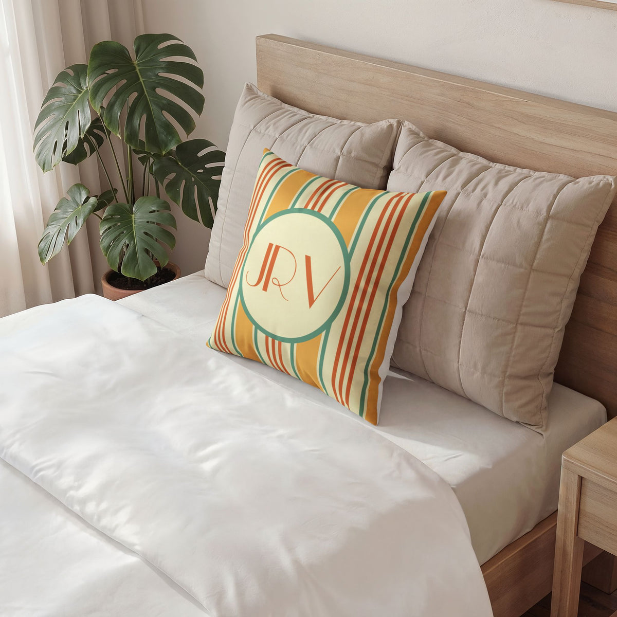 Monogram Velvet Pillow - Customizable Orange and Mint Ticking Stripe Throw Pillow