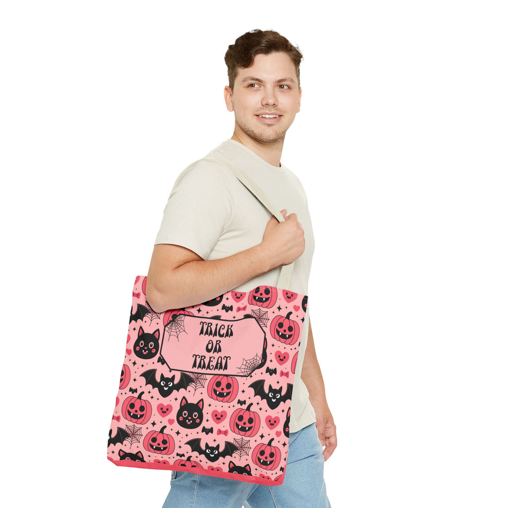Pink Halloween Trick or Treat Bag  -Personalizable Carryall with Cute Cats, Bats and Jack-O'-Lanterns