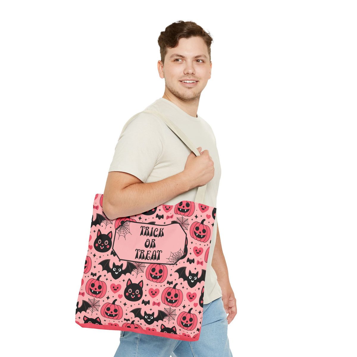 Pink Halloween Trick or Treat Bag  -Personalizable Carryall with Cute Cats, Bats and Jack-O'-Lanterns