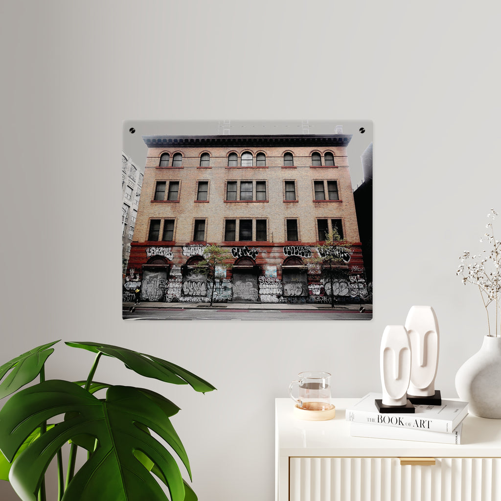 Urban Graffiti Photo Wall Art- Street Level Tagged Building  Acrylic Wall Art Panel