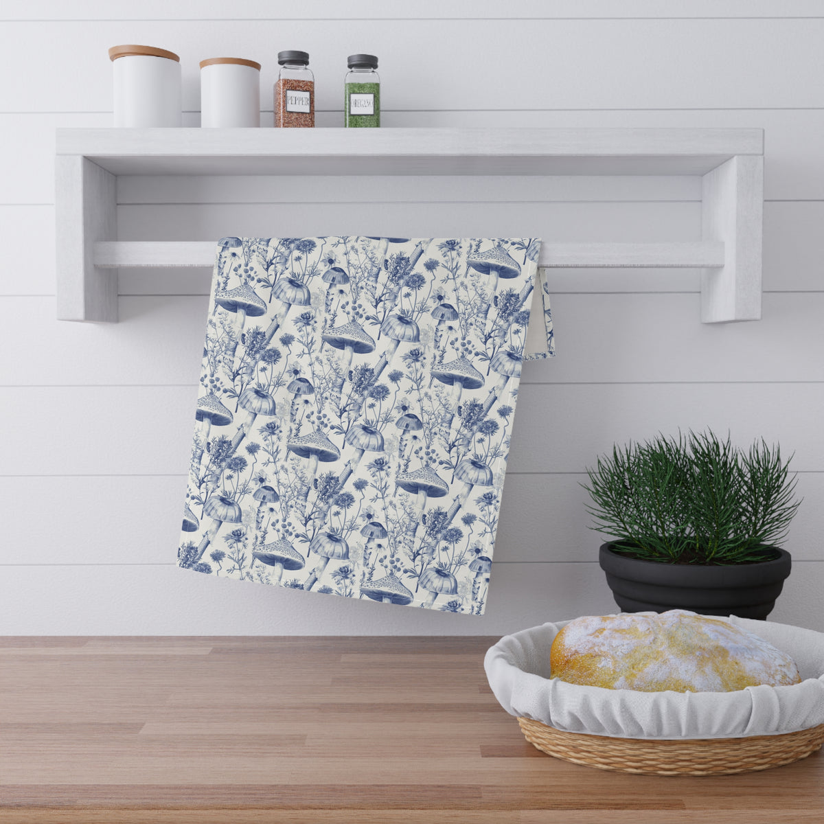 Botanical Toile de Jouy Tea Towel - Mushroom and Wildflower Blue Kitchen Towel